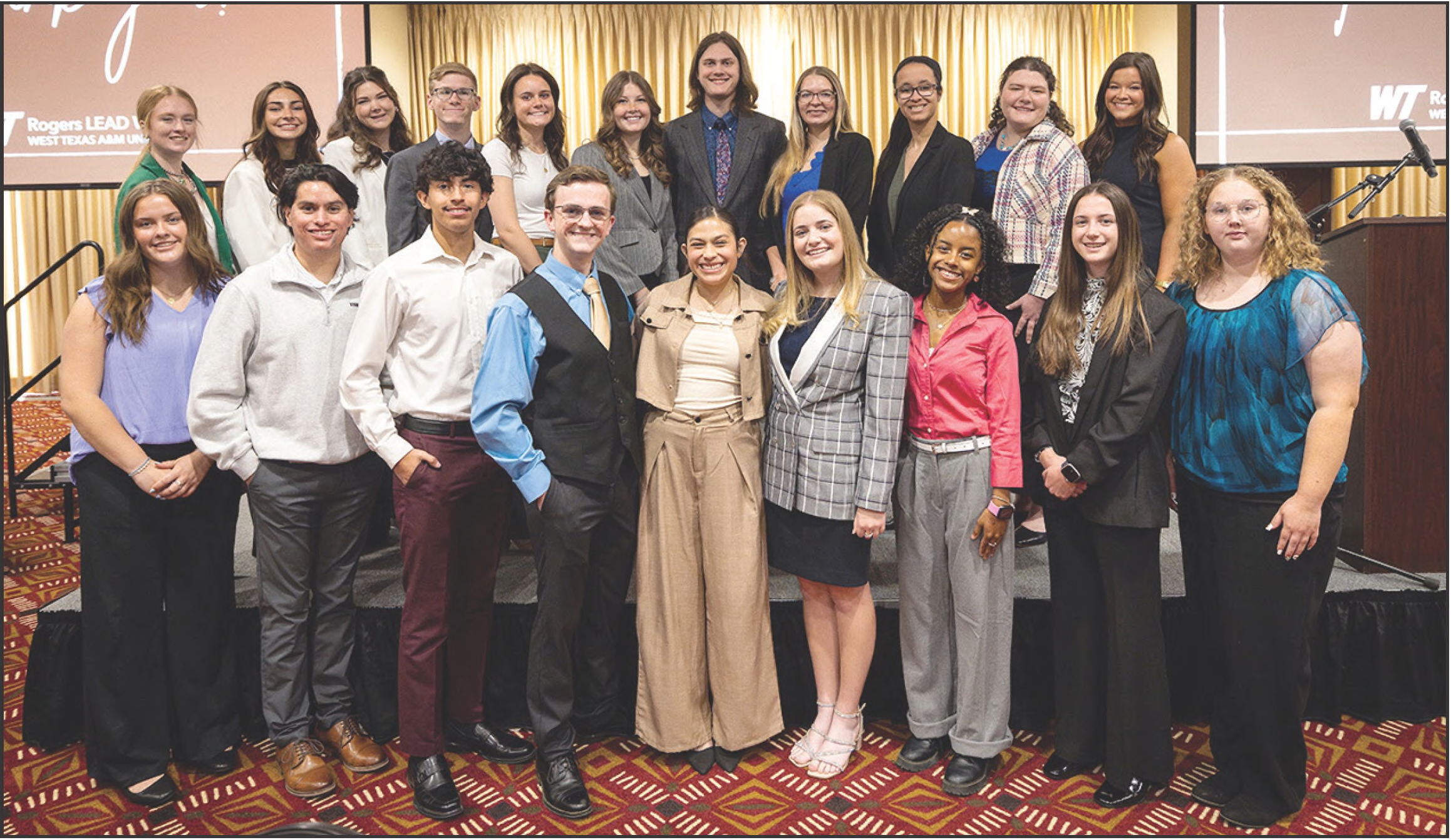Photo: West Texas A&amp;M University's Rogers LEAD WT program's 2026-2027 cohort includes, front from left, Jaelyn Reynolds, Dimmitt’s Emilio Jiminez, Ivan De la Rosa, Logan White, Abril Rivera-Cervantes, Brenna Ware , Evalynn Ramirez, Jayci Nickels and Madalynn Schmidt, and, back from left, Muireann Benn-Rothstein, Cali McKinley, Kailin Noble, Benjamin Kogo, Sarah Robinson, Garicyn Bigham, Sye Boatmun, Mikah Wareham, Jamie Jefferson, Emma Wagner and Kaylea Marionneaux.