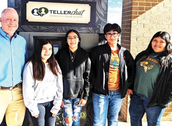 Dimmitt Middle School’s Family Consumer Science Advance Class toured the First United Bank in Dimmitt. The class is studying a unit on dollars and senses, banking services/checks and balances, and understanding the value of money. (left to right) Cody Cleavinger, Jasmine Lopez, Kamyla Granados, Mark Alonzo and Maraceli Anima.