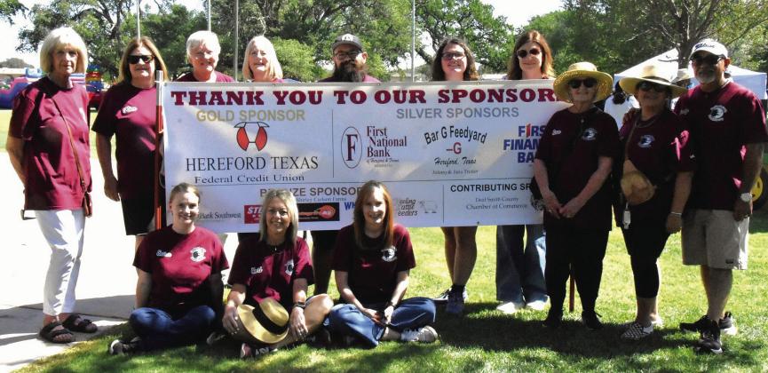 DEAF SMITH HISTORICAL SOCIETY—Members of the Deaf Smith County Historical Society, event sponsor, were out in force for the Hereford Jubilee, manning the organization’s bake sale and raffle booths and greeting the public. Pictured back row from left are Susan Hicks, Kim Bigham, Cindy Rogers, Cheryl Betzen, Chris and Stefany Powell, and Lana Bass. Front row, from left are Sara Perez, Cori Watts, Amy Collier, Nan Coneway, and Pearl and Rocky Salinas. (Photo by Jim Steiert)