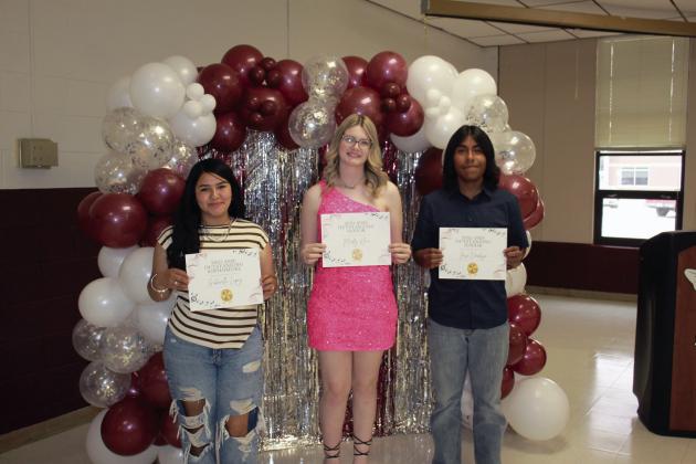 Outstanding students by class: Gabriella Lopez—Outstanding Sophomore, Maddy Klein—Outstanding Senior, and Jose Verdugo—Outstanding Junior.