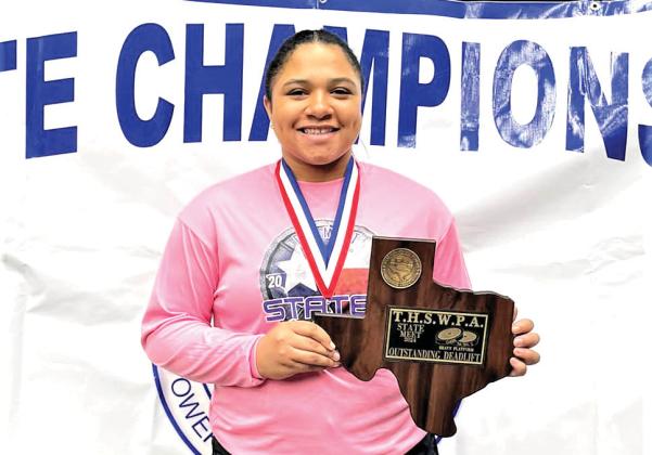 Dimmitt High School senior Na’Khiyah Porras competed at the THSWPA 3A DII State Championships and placed second in the 220-weight division with a total weight of 1,010 pounds. (BWT – 216 ; Squat – 360; Bench Press – 225 ; Dead Lift – 425). Porras also earned the Outstanding Deadlift Award in Class 3A. Other Dimmitt lifters competing at state were Jesimae Gomez, Rosalinda Comparan, Shaylagh Henriquez, Samara Smith, Estreya Rubio and Yadira Esqueda. The team is coached by Ruby Romero.