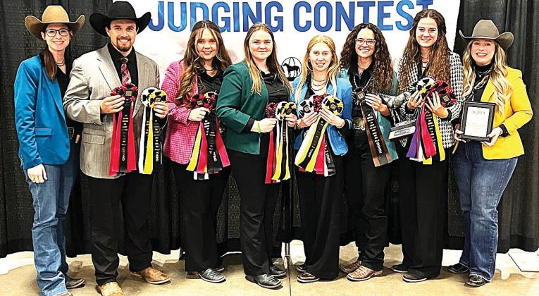 West Texas A&amp;amp;M University’s Horse Judging team placed third at the Nov. 10 American Quarter Horse Association World Show in Oklahoma City. Pictured are, from left, assistant coach Lyndi Starr, Zachary Rich, Andrea Byrd, Katelynn Horn, Karlee Frank, Chloe Hamaker, Aislin McStay and coach Dr. Christy Petry-Adams.