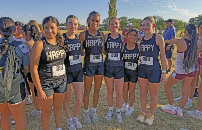 Happy High School Girls Cross Country team placed 6th in the Plainview Cross Country Meet. They competed against 1A-5A schools. They were the top 1A team. Top Cowgirl runners were Kyla Slaughter (6th) and Sage Pearson (8th). Pictured are Daniza Juarez, Sage Pearson, Kyla Slaughter, Mika Waggoner, Hamylie Roper, and Scout Atwood.
