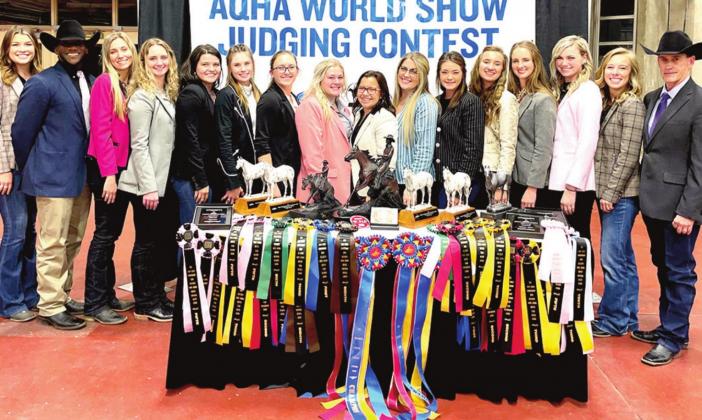 Members of West Texas A&amp;amp;M University's horse judging team include, from left, Baily Summers (assistant coach), Grant "Sal" Washington, Kami Woodard, Grace Wolfington, Lauren Heine, Sheyanne Pruett, Sierra Stammen, Sydney Nilles, Hannah McLochlin, Makenzie Knipe, Shanna Marquart, Quinn Dunham, Lauryn Harris, Calli Montague, Maggie Murphy (coach) and Dr. John Pipkin (head coach).