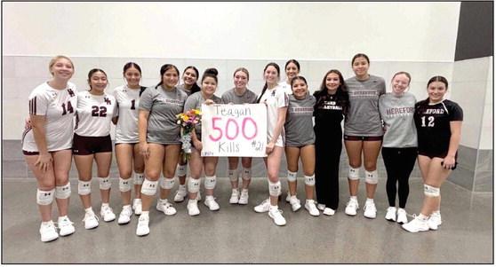Lady Whiteface Teagan Thomas earned her 500th volleyball kill last weekend in the Farmersville Tournament. On Thursday, Aug. 20 the Lady Whitefaces topped Pleasant Grove, Gunter and Central Heights. Friday, Aug. 21 the Lady Herd beat Canton and Clyde but lost to Springtown. Their impressive first two days in the tournament placed them in the Gold Bracket for Saturday where they lost to Van Alstyne and Springtown. This week Hereford traveled to Midland Lee and then play in the Frenship Tournament Aug. 28-29.
