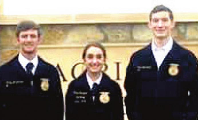 (Photo right) Three Nazareth FFA members competed in the final round of the Texas FFA scholarships. Earning scholarships were Grace Huseman - $20,000 - Houston Livestock Show and Rodeo; Grady McAlister - $20,000 - San Antonio Livestock Show and Rodeo; and Ryan Heitschmidt - $10,000 - Jim Bob Norman Syndicate.