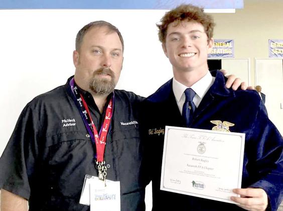 Naz FFA Ag teacher Austin Heck and Tell Bagley helped thrust the Naz Chapter to earn the Best Single Teacher FFA Chapter in the State. Bagley received the $10,000 Texas FFA Walrath Scholarship.