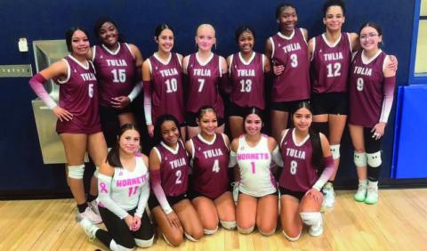 Tulia Lady Hornets started District play with a win over Smyer on Saturday. (Back Row L-R) Aubrii Williams, Faith Adams, Kloe Chasco, Sage Gore, Tylani Hutcherson, Curslyn Shivers, Michelle Mott, Marleigh Russell (Front) Mariah Briones, Naliyah Williams, Iceland Kelly, Mayci Del Torro, Bianny Arreguin