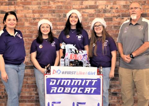 DHS Anatronic Kats #15151 (left to right) Coach Engelbrecht, Sarah Morales,Arianna Mendoza, Anistynn Birdwell, Coach Bell competed at the 2024 FiT-W&amp;P Amarillo League Meet #2 went 3-2 and is sitting in 7th place in District.