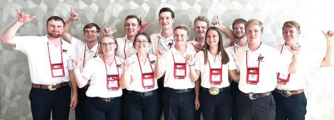 Members of the two WTAMU national champion and reserve champion squads of the West Texas A&amp;M University Meat Science Quiz Bowl team are (front, left to right) Megan Eckhardt, coach; Jozie Petit; Spencer Walahoski; Helene Keiser; and Clayton Stevenson, (back, left to right)Zane Platter, coach; Cole Petit; Daniel Raab; Ryan Heitschmidt; Cole Verret; Jacob McMillan; and Kade Lawrence.