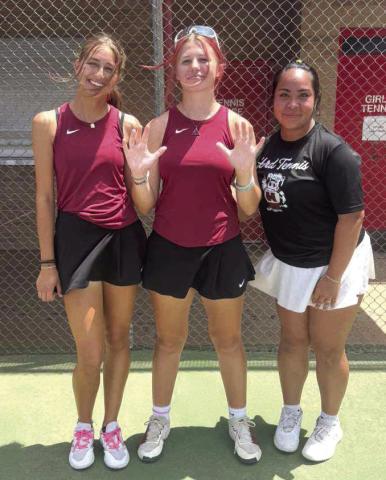 Hereford’s Team won in both of its matches in Lubbock bring its overall record to 8-4. Emma Council clinched the 10th win against Lubbock Coronado this morning as The Herd finished with a dominant 18-1 victory. Nataly Cervantes won in both singles and doubles this afternoon, securing the 10th win and helping The Herd finish with an 11-8 win over Lubbock Monterey. Also pictured is team member Macy Betzen. (Courtesy photo)