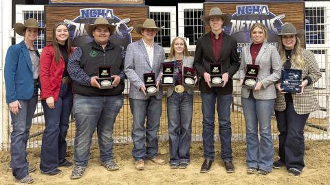 The West Texas A&amp;M University Horse Judging team took home a reserve championship Nov. 21 at the National Cutting Horse Association Judging Contest. Pictured are, from left, Assistant Coach Lyndi Starr, Assistant Coach Rylee McKinney, Hereford’s Saul Flores, Nathan Allison, Madilynn Campbell, Ethan Hendrix, Kurtlee Smith and Head Coach Dr. Christy Adams.