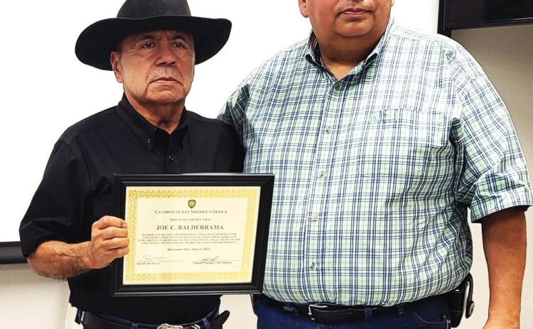 Castro County Sheriff’s Office Sgt. Joe Balderrama shown with Sheriff Sal Rivera, retired from duty on June 13 after 32 years in law enforcement, including over 13 years in Castro County.