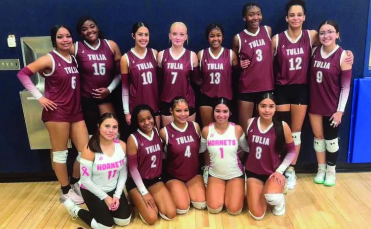 Tulia Lady Hornets started District play with a win over Smyer on Saturday. (Back Row L-R) Aubrii Williams, Faith Adams, Kloe Chasco, Sage Gore, Tylani Hutcherson, Curslyn Shivers, Michelle Mott, Marleigh Russell (Front) Mariah Briones, Naliyah Williams, Iceland Kelly, Mayci Del Torro, Bianny Arreguin
