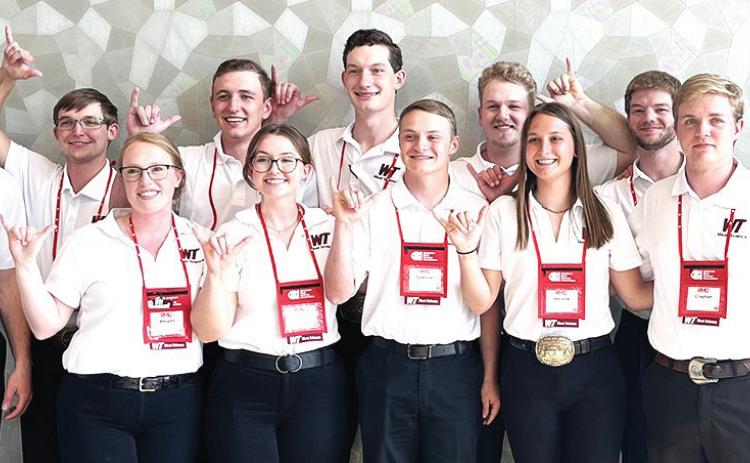 Members of the two WTAMU national champion and reserve champion squads of the West Texas A&amp;M University Meat Science Quiz Bowl team are (front, left to right) Megan Eckhardt, coach; Jozie Petit; Spencer Walahoski; Helene Keiser; and Clayton Stevenson, (back, left to right)Zane Platter, coach; Cole Petit; Daniel Raab; Ryan Heitschmidt; Cole Verret; Jacob McMillan; and Kade Lawrence.