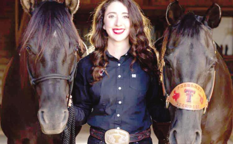 Texas Tech University 2022-23 Masked Rider Caroline Hobbs with the new horse, Buzz, and retiring Fearless Champion.