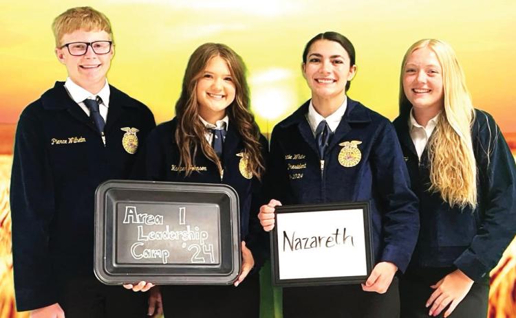 Nazareth Ag teacher Austin Heck with Naz FFA students Pierce Wilhelm, Harper Johnson, Gracie White, Alishia Osterkamp, Izzy and Gabby Heck at the Area 1 Leadership Camp held at Clarendon College.