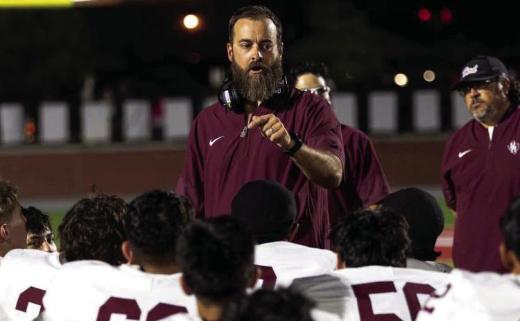 Hereford Head Football Coach Matt Medley talks to his players after a game this season. Medley and the Whitefaces are 2-0 heading into Friday’s home opener against Plainview at 7 p.m. (Courtesy photos)
