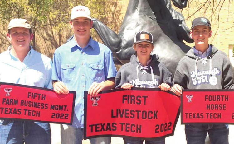 Nazareth qualified three teams for state at the Texas Tech judging contests. Dayson Schacher, Brett Heitschmidt, Tanner Wethington and Jett Ramaekers were on the championship livestock judging team.