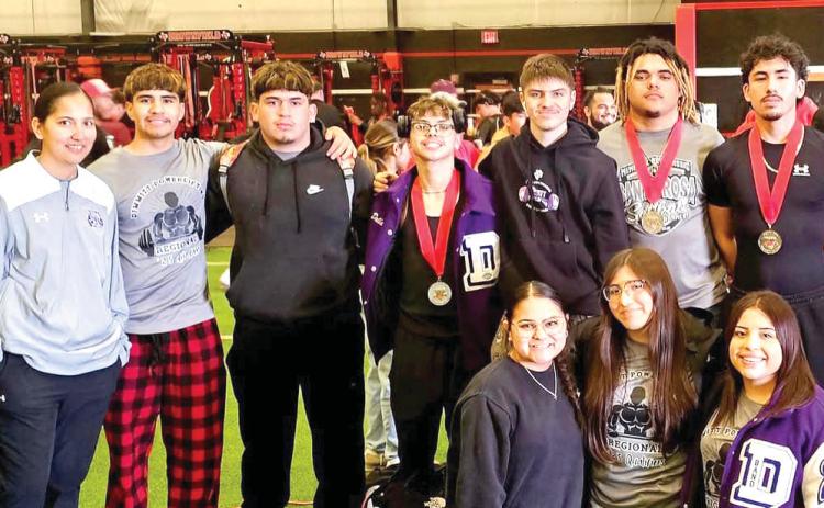 Dimmitt Bobcats Powerlifting competed at the THSPA Region 1 Division 3 Powerlifting Meet on March 8 in Brownfield. Three team members qualified to compete at state (right) including Dallas Starkey (2nd/wt. class 114), Arnoldo Ogaz (2nd/wt. class 165), and Ga’Quorie Chatham (2nd/wt. class 242). Other team members competing were Abrahm Chavez, Shaun Mick, Marco Silva and Angel Fuentes. The state meet will be held in Abilene on March 22.