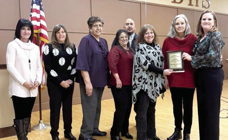 Above, the Citizen of the Year Award at the Dimmitt Chamber of Commerce was Hands of Hope. Live auction winners at the annual event included George Strait Tickets going to Kalan and Lana Steinle, a griddle won by Levi Lunsford, Flowers for a Year-WALK Cattle Company (sent to CVL), a Glock went to Mike and Cindy Odom, a recliner went to Kalan and Lana Steinle and a Kid’s Gator went to Zack and Taylor Riley. (Courtesy photo)