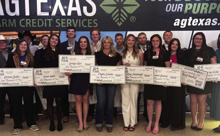 Front row, from left: Reggie Underwood (AgTexas Chairman of the Board), Addison Butler, Gracie White, Addilyn Reed, Payton Schuster, Kinley Shieldknight, Brandis Beavers, Brynnley Ensey, Cambryn Gratz, and Kayla Robinson, AgTexas CEO; (back row, from left) Hugh Britten, Ethan Spinhirne, Rett Wann, Jackson Sinclair, Samuel Weineimer, Johan Grotegut and Josef Grotegut.