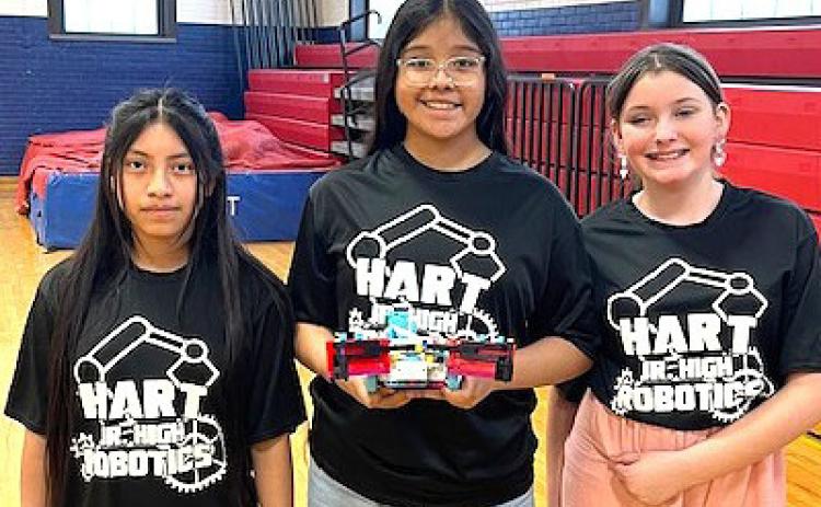 Hart Middle School Robotics Team 1 competed at the GEARS meet at Sam Houston Middle School and placed 5th out of 31 teams. Team members include Maria Gomez, Evelyn Morente and Ellianhan Chambers.
