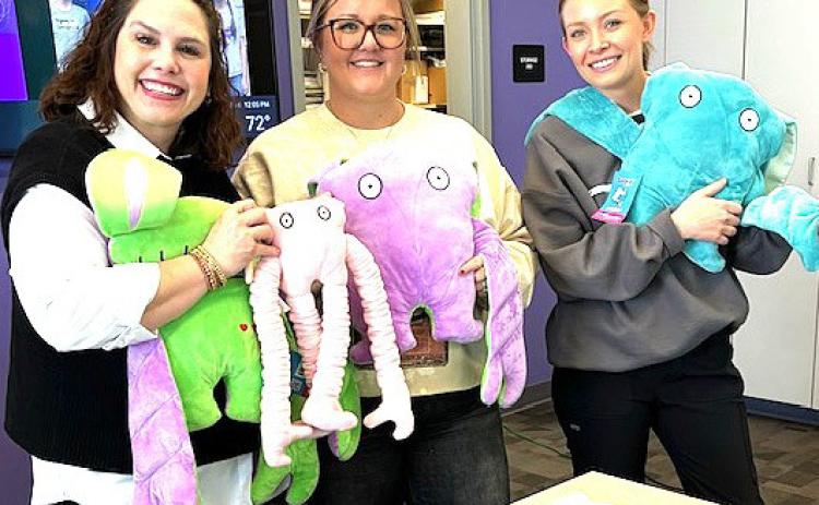 Castro County Healthcare donated Bumpas weighted stuffed animals and sensory toys to the students of Richardson Elementary School. The Bumpas plush toy is made of soft material, with a unique design that allows its arms to wrap around you in a heart-shaped hug when held against your chest. The toys will be used by the special education teacher at Richardson Elementary. Shown are Jennifer Sullivan, RES Principal, Callen Edwards, Instructional Coach, and Braydin Goodwin, DISD Nurse.