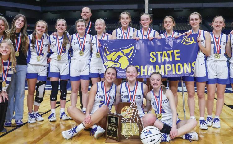 Swiftettes team members Kambri Cleavinger, Maddie Brockman, Emerson Moore (All-State), Brookyn Birkenfeld (MVP All-State), Taylor Wethington, Lexi Ramaekers, Jolee Pigg (All-State), McKinley Moore, Addie Schulte, Brynli Schilling, Callen Hockstein, Kyndrey Branum and Kelsie Gunter. Head Coach Eric Schilling and assistant coaches Whitney Bryan and Nathan Branum.