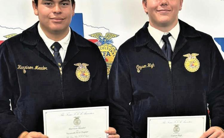 Nazareth FFA Harrison Meador, Caysen High and Jesse Acker (not shown) received their Lone Star Degrees at the first day of the Texas FFA State Convention in Houston last week.