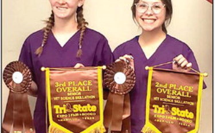 The DHS FFA Vet Science team competed in the Vet Science Skillathon at the Tri-State Fair. Ritzy Millican and Liset Martinez placed second and third overall at the Tri-State State Fair competition, behind Gracie White from Naz FAA.
