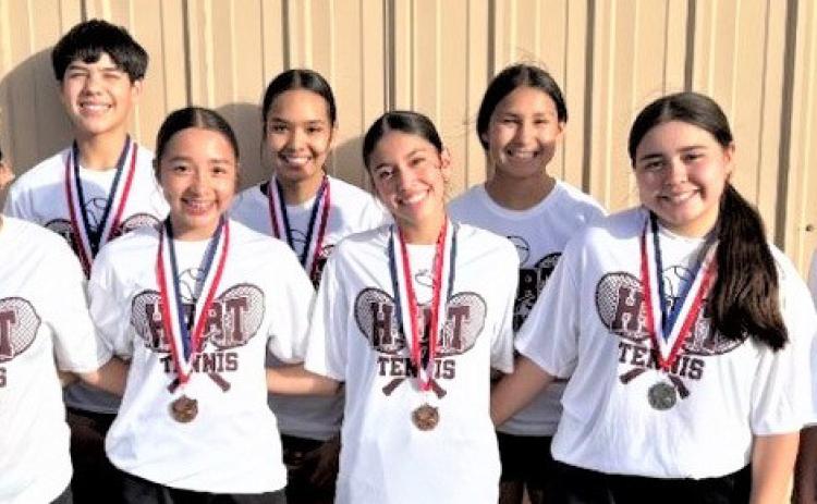 The Hart Junior High tennis team competed at the District 4-1A meet. Dael Longoria and Elizabeth Carrasco placed 3rd in mixed doubles. In girls’ doubles, Yalexii Cisneros and Mia Longoria placed 3rd, and Sadie Carrasco and Camila Perez placed 4th. Savannah Corrales placed 2nd in girl’s singles, and Avram Morales is the boy’s singles champion.