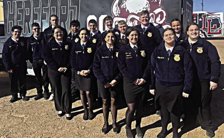 SCORING AT DISTRICT--Three Hereford FFA teams are bound for Area after success in recent District Leadership Development events at Littlefield. Some of the competitors gathered for a group picture in recognition of the achievements that included District Champion Greenhand Spanish Creed Speaking, District Champion Senior Quiz Team, and High Individual in Senior Quiz Team.