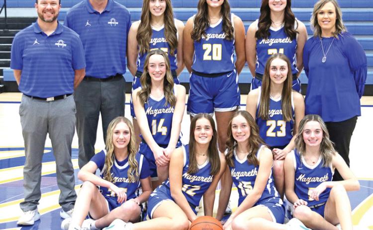 2024-25 Nazareth Swiftettes Basketball - (front, left to right) Jolee Pigg, Addie Schulte, Madison Brockman, Kelsie Gunter, (center row) Kambri Cleavinger and Taylor Wethington(back row) Coach Nathan Branum, Coach Eric Schilling, Lexi Ramaekers, Emerson Moore, Brooklyn Birkenfeld, Coach Whitney Bryan