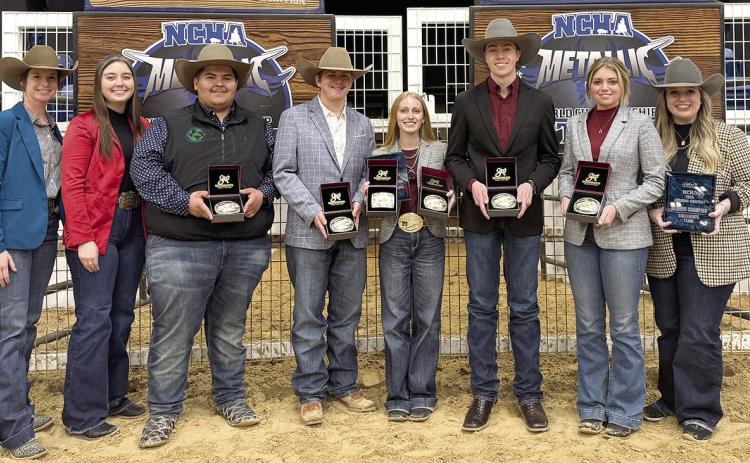 The West Texas A&amp;M University Horse Judging team took home a reserve championship Nov. 21 at the National Cutting Horse Association Judging Contest. Pictured are, from left, Assistant Coach Lyndi Starr, Assistant Coach Rylee McKinney, Hereford’s Saul Flores, Nathan Allison, Madilynn Campbell, Ethan Hendrix, Kurtlee Smith and Head Coach Dr. Christy Adams.