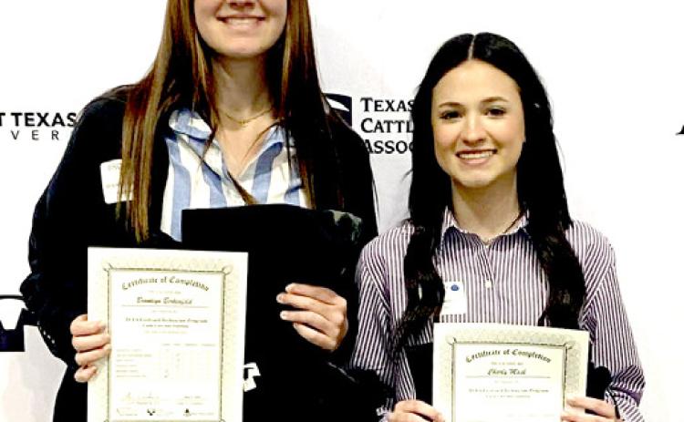 Nazareth FFA students Brooklyn Birkenfeld and Charly Mask earned their cattle handlers certification through the TCFA program after learning and passing the practicums on giving shots, implements in ears, moving cattle to chutes properly as well as passing a beef quality assurance exam and interview.