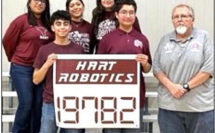 The Hart Robotics team participated in their first competition of the season in Vernon this past weekend. The team placed 11th out of 29 teams. (front row, left to right) Diego Longoria, Rito Rodriguez, Robotics coach, Don Bell, (back row) Carolina Cardoza, America Cardoza and Leslie Dominguez.