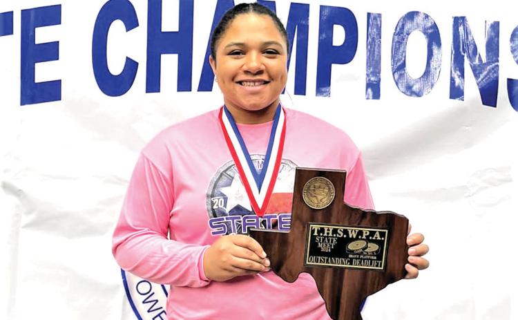 Dimmitt High School senior Na’Khiyah Porras competed at the THSWPA 3A DII State Championships and placed second in the 220-weight division with a total weight of 1,010 pounds. (BWT – 216 ; Squat – 360; Bench Press – 225 ; Dead Lift – 425). Porras also earned the Outstanding Deadlift Award in Class 3A. Other Dimmitt lifters competing at state were Jesimae Gomez, Rosalinda Comparan, Shaylagh Henriquez, Samara Smith, Estreya Rubio and Yadira Esqueda. The team is coached by Ruby Romero.