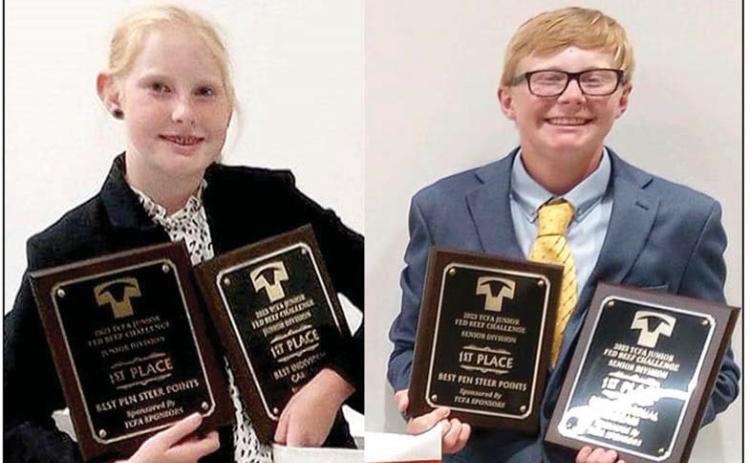 Nazareth FFA members Kennedy and Pierce Wilhelm competed in the Texas Cattle Feeders Association Junior Fed Beef Challenge on July 28 and picked up four first places in their events and divisions. The contest was held at WTAMU Paul Engler College of Agriculture and Natural Sciences. he objective of the Junior Fed Beef Challenge is to encourage young people to gain practical experience in feeding commercial beef cattle. This program stresses the importance of proper animal husbandry and financial management.
