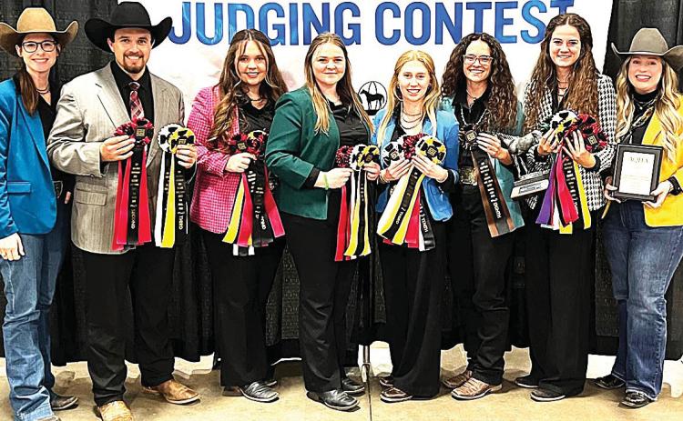 West Texas A&amp;M University’s Horse Judging team placed third at the Nov. 10 American Quarter Horse Association World Show in Oklahoma City. Pictured are, from left, assistant coach Lyndi Starr, Zachary Rich, Andrea Byrd, Katelynn Horn, Karlee Frank, Chloe Hamaker, Aislin McStay and coach Dr. Christy Petry-Adams.