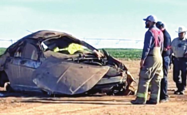 Wreckage resulting from a car crash on Monday morning that took the life of a Hart resident.