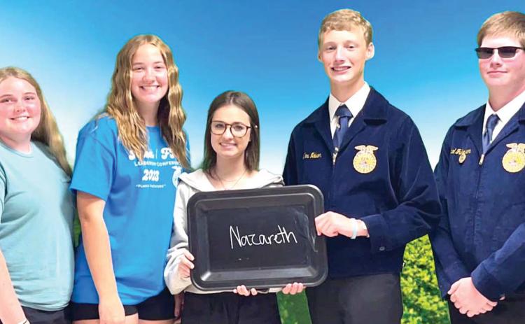 Nazareth FFA students attended the Area Leadership Conference at Clarendon College and for the fourth year had the Best Chapter T-Shirts. While the Naz girls attending the ALC Banquet had taken official dress but were cut short on getting ready due to a tornado warning.