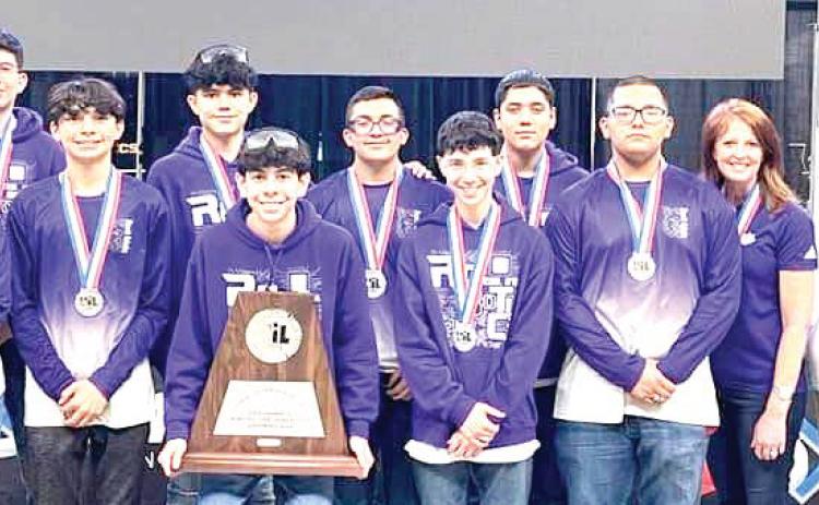DHS Team #12398: Faith Bell, Keenan Hernandez, Joel Grado, Daniel Duenes, Eric Duenas, Pablo Perez, Juan Cruz and Jasiah Tavarez with DHS Superintendent Jill Millican and DHS Robotics Coach Don Bell.