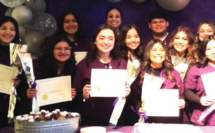 Dimmitt High School students receiving certification in Patient Care Technician (PCT): (front row) Kennia Silva, Maria Bernal Cano, Kaylie Furr, Melanie Esqueda, Eveni Lopez, Carla Medina, Krystal Barrios,(back row) Jocelyn Jimenez De La Ree, Kriselle Ramirez, Martin Rodriguez, Paula Morales