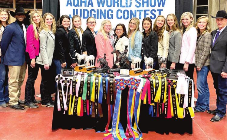 Members of West Texas A&amp;M University's horse judging team include, from left, Baily Summers (assistant coach), Grant "Sal" Washington, Kami Woodard, Grace Wolfington, Lauren Heine, Sheyanne Pruett, Sierra Stammen, Sydney Nilles, Hannah McLochlin, Makenzie Knipe, Shanna Marquart, Quinn Dunham, Lauryn Harris, Calli Montague, Maggie Murphy (coach) and Dr. John Pipkin (head coach).
