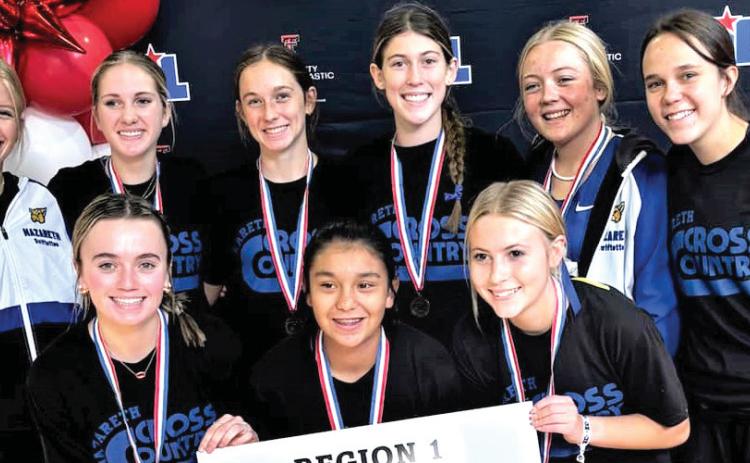 Nazareth Swiftettes Cross Country placed fourth at the Regional meet in, qualifying them to advance to state competition in Round Rock on Nov. 2. Team members include Mallory Wilhelm, Jolee Pigg, Bridget Osterkamp, Kelsie Gunter, Zeli Olivas and Allie Pittillo.