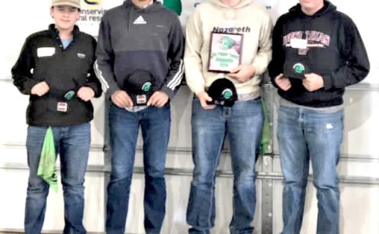 The Nazareth FFA Homesite Team scored a big win at the Ochiltree County Soil and Water Conservation District #142 competition. Nazareth was named the champion team at their first outing of the season, with Caysen High winning high individual, Harrison Meador, second high individual, Max Snead, fifth place, and Oliver Meador participating.
