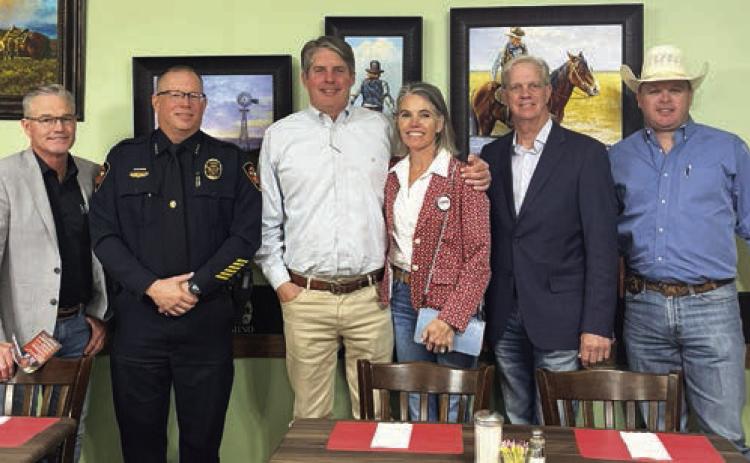 Mayor Dusty George, Police Chief Paul Brown, Tom Sell, Kyla Sell, Judge Michael Clawson and Sheriff Kyle Schmalzried at the El Camino