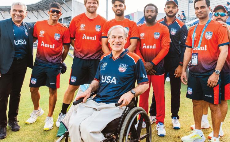 Governor Gregg Abbott took time out from his busy schedule to attend the first ever T20 World Cup held in Dallas and meet the Cricket USA team and coaches. Dallas was selected to co-host the big event, the first in the United States. (photo courtesy of Governor’s Office)