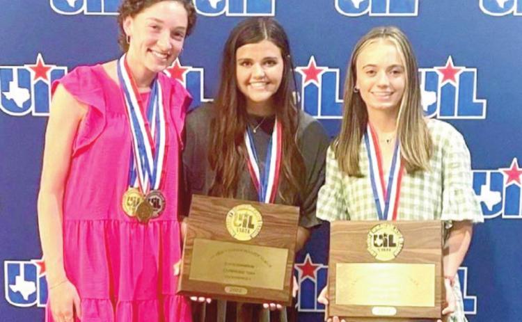 Nazareth students Chole Birkenfeld, Bliss Betzen, and Kelsie Gunter competed at the 2022 State UIL Meet in journalism. The team won state and Gunter was honored with the Tops of Texas award, best of 1A through 6A champions.